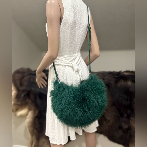 Genuine Mongolian Lamb Fur Handmade Top Handles Half Moon Slouchy Bag/ Crossbody - Picture 6 of 16